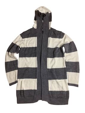 Pretty Talk Grey and White Striped Hooded Cardigan Sweater - Large